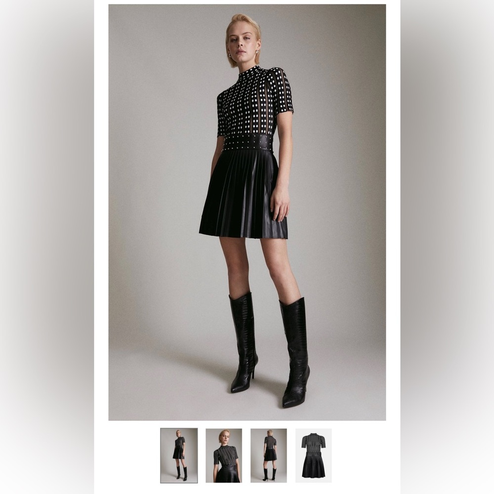 NWT Karen Millen Sheer Knit Polka Dot Pu Skirt Skater Dress